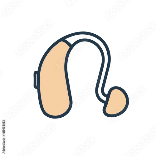 A beige behind-the-ear hearing aid with a white tube and earpiece outlined in black on a white background