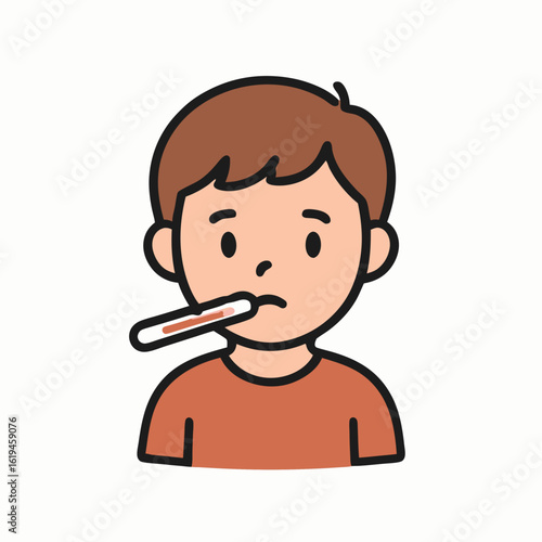 Caucasian boy with brown hair holding thermometer in mouth looking unwell on white background
