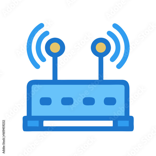Blue stylized wireless router icon broadcasting signal on black