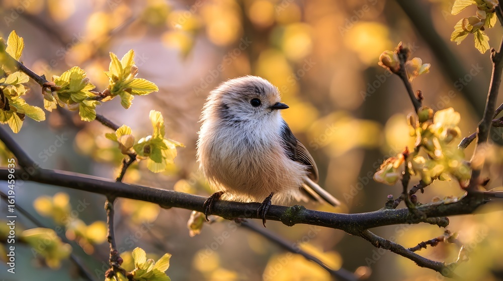 Obraz premium Cute fluffy bird singing on a tree branch with morning sunshine