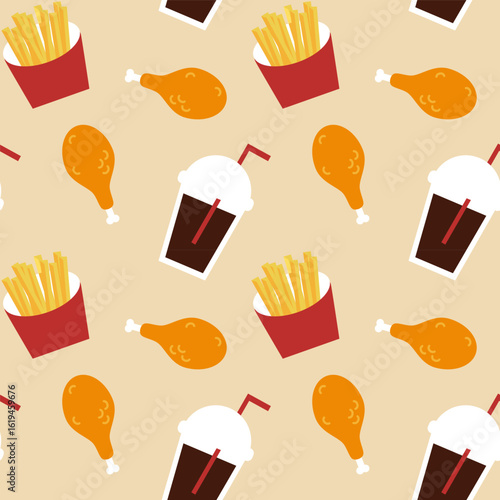 Fast Food Frenzy Seamless Pattern with Fried Chicken, Fries, and Soda