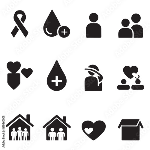 "Medical and Social Care Icons Set – Solid Style Black Glyph Pictograms Collection"