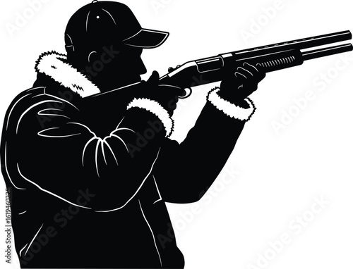 Hunter aiming shotgun in winter coat, wearing hat, side view silhouette, black and white style, isolated male figure holding firearm, outdoor hunting vector illustration