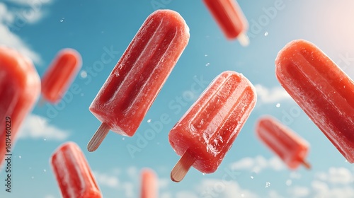 Creative Photo of Strawberry Popsicles Flying in the Air with a Blue Sky Background – Suitable for Use in Blog Posts, Social Media Posts, and Website Content Related to Summer and Food Themes.
