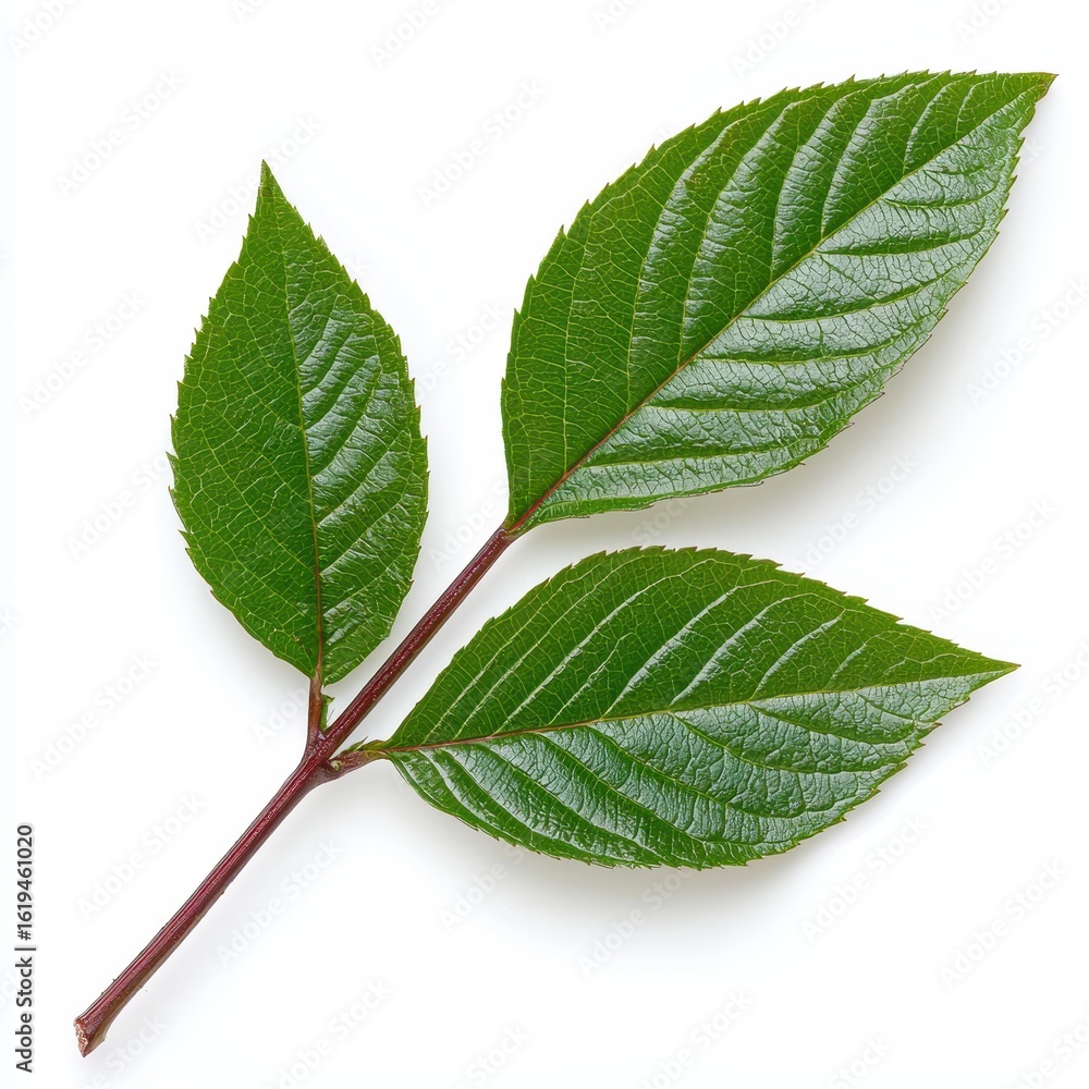 Fototapeta premium Three Green Leaves on Reddish Brown Stem Against White Background