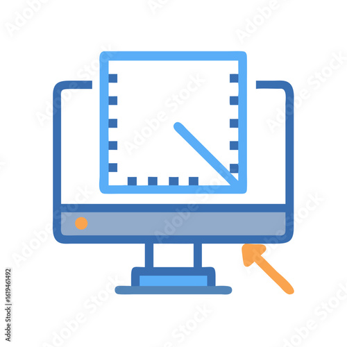 Flat design monitor graphic with arrow pointing to power