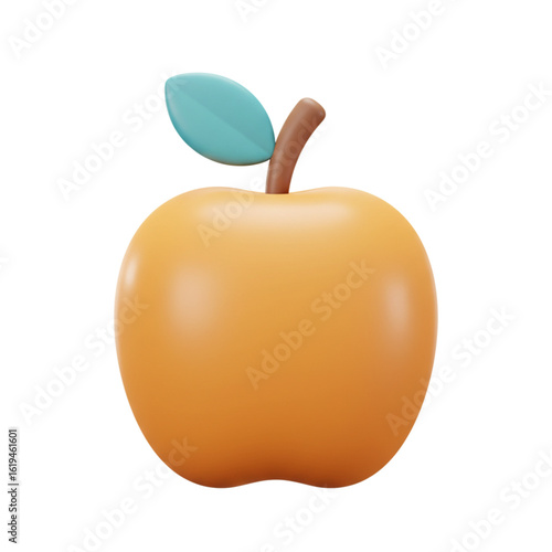 3D orange apple with green leaf on white background  