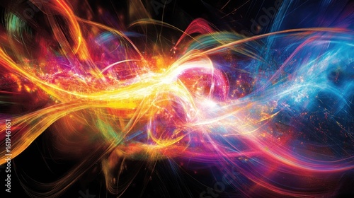Abstract vibrant energy explosion with swirling colorful streaks and sparks.