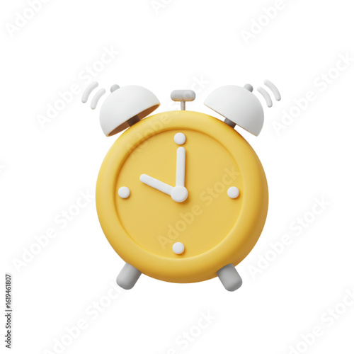 Yellow alarm clock with white bells and hands on a white background  