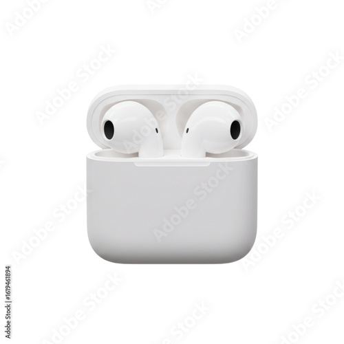 Wireless earbuds in charging case on white background  