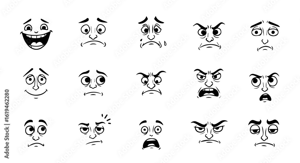 Naklejka premium Cartoon Eyes and Mouth Expressions – Hand-Drawn Doodle Emotion Set