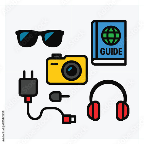 Travel essentials including sunglasses, camera, guidebook, headphones, and charging cable, isolated on white background