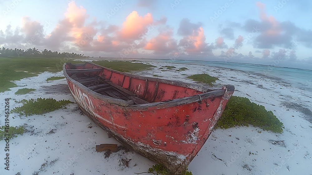Rusty red boat on a tranquil beach at dawn. Rusty red boat on a tranquil beach at dawn.