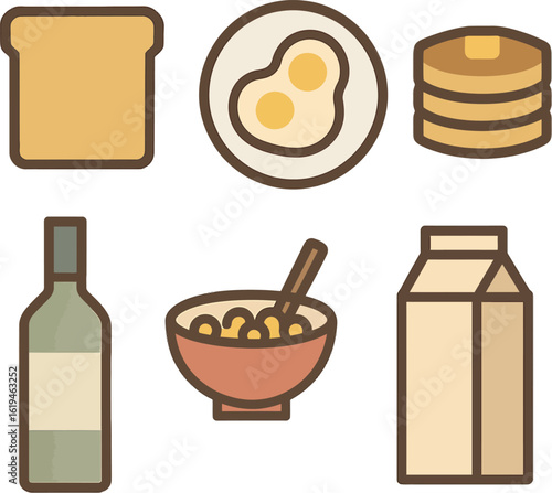 Morning breakfast spread including toast, fried egg, pancakes, cereal with milk, and a bottle of drink, isolated on white background