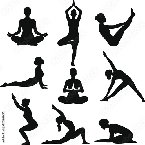 Collection of diverse yoga poses and meditation silhouettes, representing health, wellness, and fitness, isolated on white background