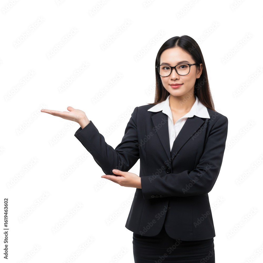 Professional business woman in a dark suit and glasses presenting with her hand extended to the side isolated on transparent background Professional business woman in a dark suit and glasses presenting with her hand extended to the side isolated on transparent background