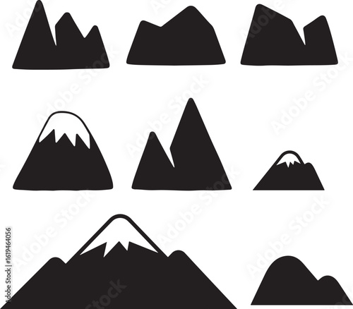Various types of mountain icons black silhouette vector illustration with white background.