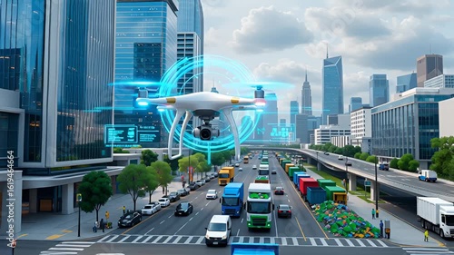 Eco Cityscape with AI Robots Managing Smart Waste,Futuristic Green City with Intelligent Waste Solutions