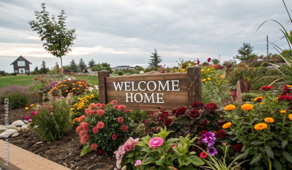 Fototapeta premium A wooden sign reading WELCOME HOME stands in a vibrant flower garden filled with colorful blooms, including dahlias and other varieties. A gravel path meanders through the garden, surrounded by lush g