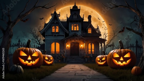 Spooky Halloween Night: A haunting scene of a classic Halloween night featuring jack-o'-lanterns, and an old haunted house under the moonlight.