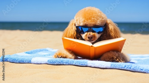 Adorable dog wearing sunglasses, reading book on beach towel.
