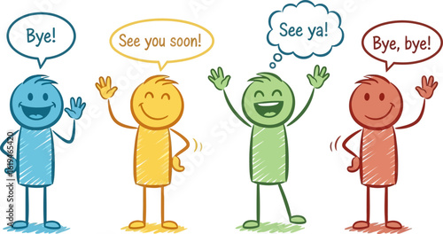 Cartoon farewell goodbye see you soon illustration with speech bubbles