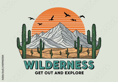 Mountain wilderness exploration graphic. A vintage hand-drawn desert scene with cacti, birds, and a retro sunset.