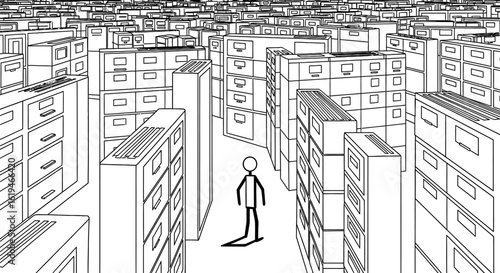 Finding information concept illustration stick figure in filing cabinet maze