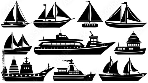 Black Silhouette Boat and Water Vessel Icons – Minimalist Nautical Vector Set for Maritime Themes