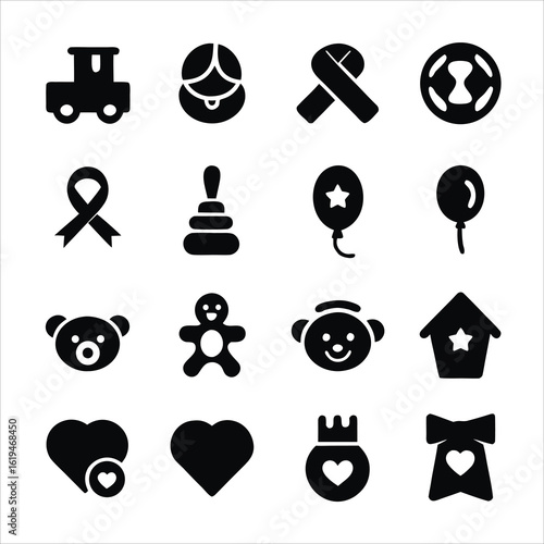 Children's Charity and Toy Donation Glyph Icon Set with Symbols for Pediatric Support Humanitarian Aid and Community Welfare

