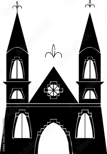 The image shows a stylized church or cathedral with Gothic features like spires, arches, and possible rose window elements.