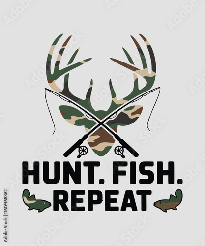 A graphic design featuring a camouflage deer head with crossed fishing rods.