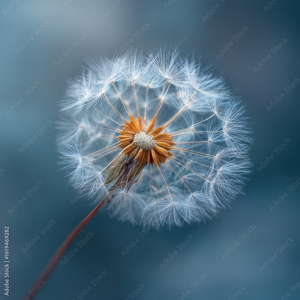 Fototapeta premium Dandelion clock seeds dispersing in a blur, background for botanical publication