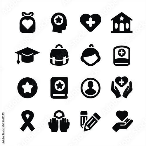 Charity and Non Profit Glyph Icon Set Collection of Symbols for Education Healthcare and Community Support
