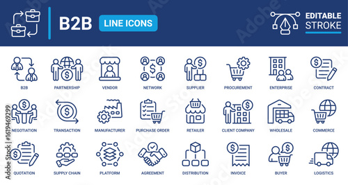 B2B icon set line editable stroke. Business to business, supplier, commerce, vendor, enterprise, partnership, manufacturer, purchase order, supply chain and more. Vector icons collection.