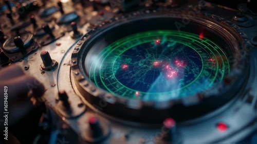 Wallpaper Mural Close up view of a futuristic radar showcasing a detailed world map with highlighted targets, while an operator skillfully interacting with the advanced control panel Torontodigital.ca