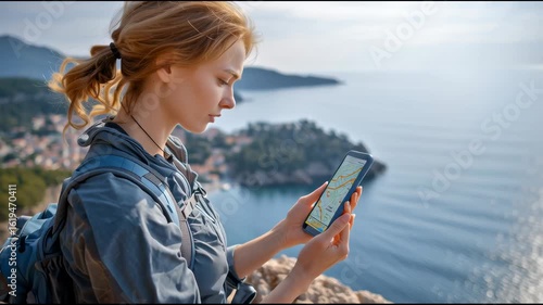 A traveler standing at a scenic viewpoint, holding a phone with a GPS map showing hiking trails