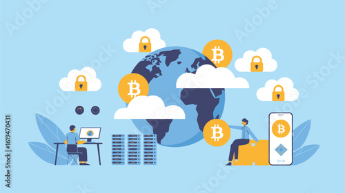 Business Team in Digital Workspace – Flat Vector Cartoon Illustration, Cloud Mining and Server Connection Concept, Modern Technology and Networking Scene for Web, Mobile, and Print

