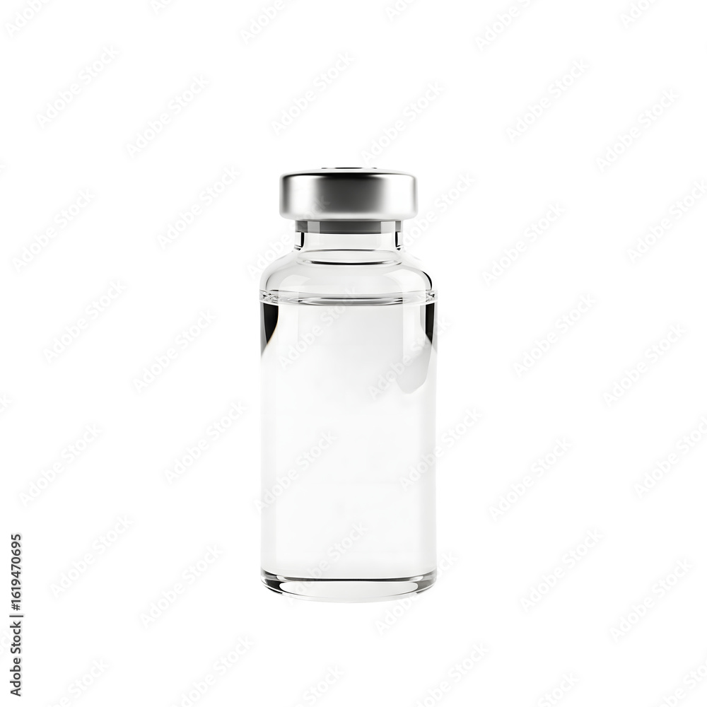 Clear glass medical vial with silver cap isolated on transparent background Clear glass medical vial with silver cap isolated on transparent background