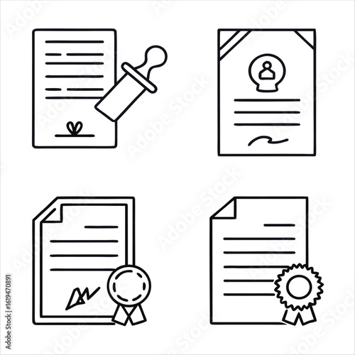 Certificate and Legal Document Outline Icon Set with Official Seal Stamp and Signature for Diplomas and Contracts
