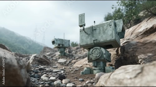 Camouflaged anti-drone sensors hidden in rocky terrain scanning above for enemy drones
