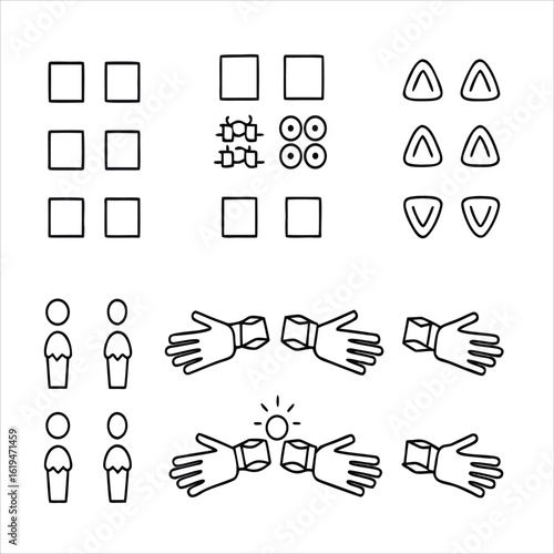 Korean Survival Game Outline Icon Set with Player Figures Masked Guard Symbols and Deadly Challenge Elements
