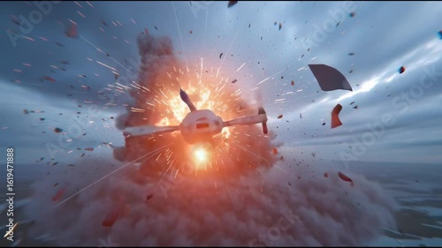 Drone explosion in mid-air after contact with an anti-drone electromagnetic shield, dramatic sky