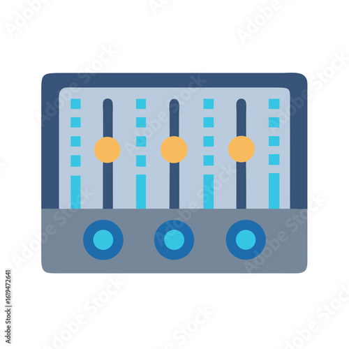 Illustration of audio mixing console with sliders and knobs