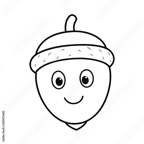 Acorn with cute face and cap in simple cartoon outline ideal for autumn kids design