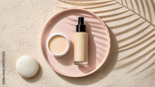 Wallpaper Mural Cosmetic foundation and powder on a pink plate with palm leaf shadow Torontodigital.ca