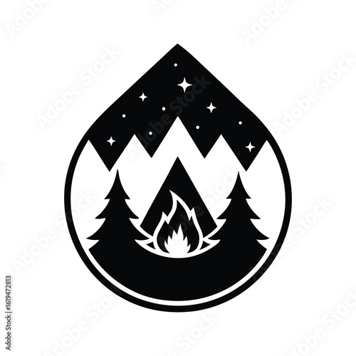 Adventure badge with campfire and forest inside mountain vintage style nature logo for exploration
