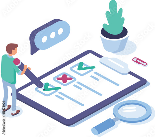 Isometric Illustration of Person Completing Checklist