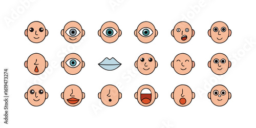 Collection of diverse cartoon faces expressing various emotions