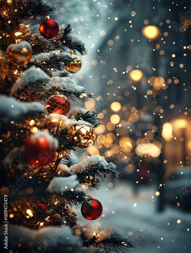 Photo of a Snow-Covered Christmas Tree Adorned with Red and Gold Ornaments in a Yard